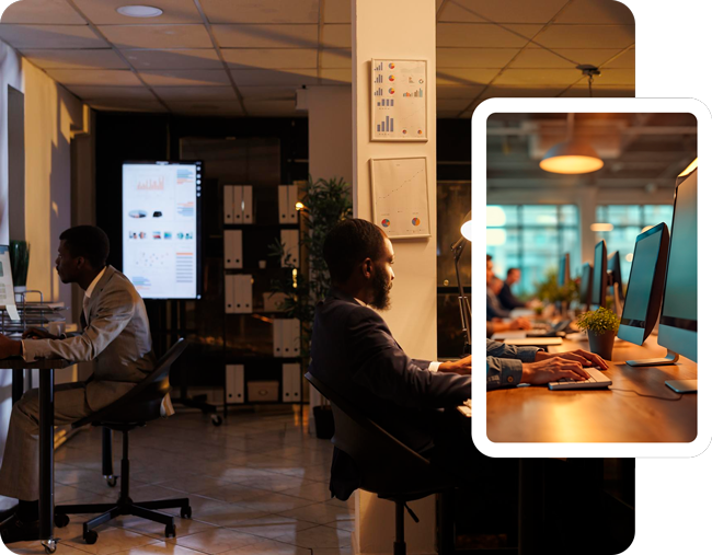 CommerceForz team at workstations in a modern office, representing mission-critical IT infrastructure and growth