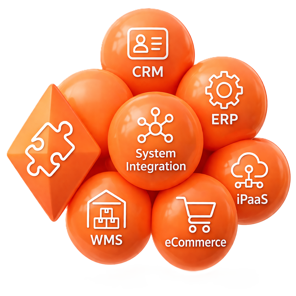 Abstract 3D spheres and prism graphic representing integrated eCommerce technologies and unified commerce ecosystems.